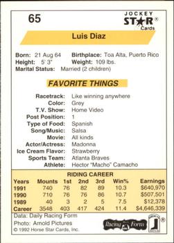 1992 Jockey Star #65 Luis Diaz Back
